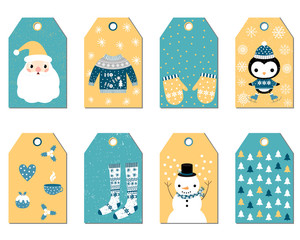 Set of Christmas gift tags with Santa, penguin, snowman, sweater, stockings, mittens