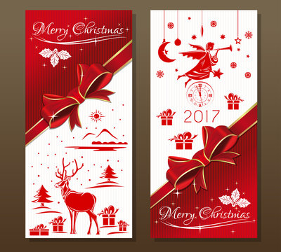 Merry Christmas 2017.  Vintage greeting Christmas card with reindeer, Christmas angel, antique clock, winter forest, red ribbon and bow. Vector flyer template