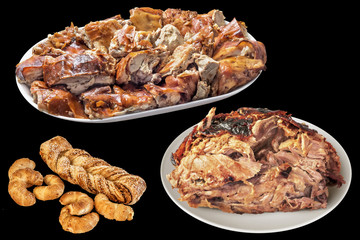 Plateful Of Spit Roasted Pork Slices And Juicy Ham With Sesame Puff Pastry Isolated On Black Background