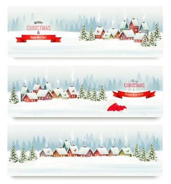 Holiday Christmas banners with villages and landscape. Vector.