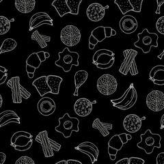 Breakfest hand drawn seamless pattern over black background