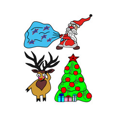 Set vector illustration for Christmas and New Year. Santa Claus with a bag of gifts, deer  and Christmas tree
