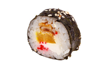 Japanese roll rice, nori, lettuce, cheese, eel. Close-up on whit