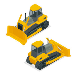 Isometric dozer or bulldozer. Set of the construction machinery vehicles.Continuous tracked tractor for mines, quarries, military bases, heavy industry factories, engineering projects, farms © Golden Sikorka