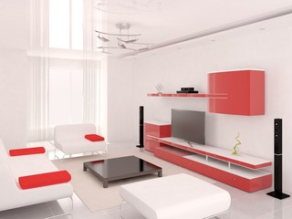 Hi-tech red living room with modern furniture.