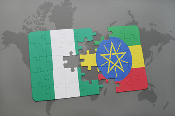 puzzle with the national flag of nigeria and ethiopia on a world map