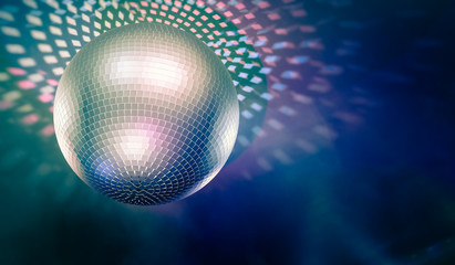 Obraz premium Shiny disco ball and light reflections in background. 3D rendered illustration.