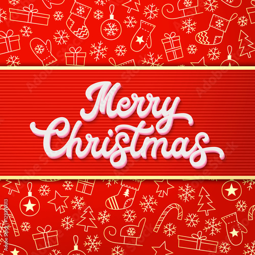 &quot;Merry Christmas. White 3d Xmas lettering inscription on red and gold