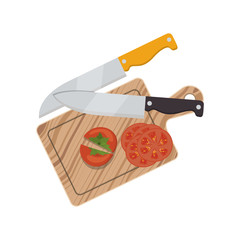 Knife table and tomato icon. Kitchen supply tool and cooking theme. Isolated design. Vector illustration