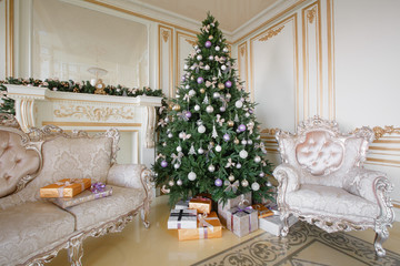 Calm image of interior Classic New Year Tree decorated in a room with fireplace