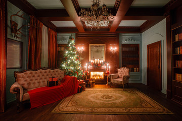 Calm image of interior Classic New Year Tree decorated in a room with fireplace - Powered by Adobe