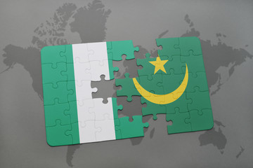 puzzle with the national flag of nigeria and mauritania on a world map