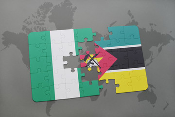 puzzle with the national flag of nigeria and mozambique on a world map