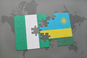 puzzle with the national flag of nigeria and rwanda on a world map