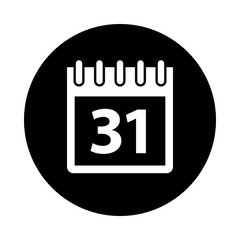 Calendar icon. Black icon isolated on white background. Round icon. Calendar silhouette. Simple circle icon. Web site page and mobile app design vector element.