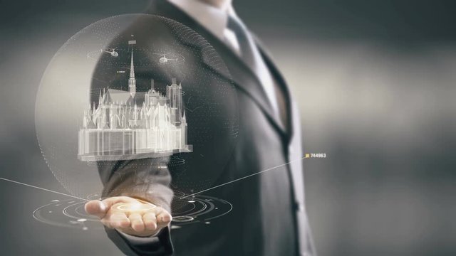 Notre Dame de Paris Businessman Holding in Hand Landmark New technologies