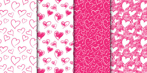 Abstract seamless heart pattern set. Hand drawn illustration. Pink and white. Set of repeating backgrounds with doodle hearts.