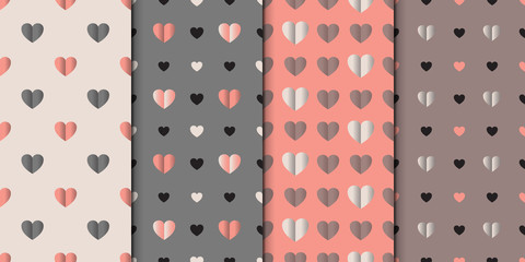 Set of 4 elegant seamless patterns with hearts, design elements. Romantic patterns for wedding invitations, greeting cards, print, gift wrap. Collection of regular surface pattern with colored hearts.