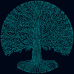 Hi-tech circuit style round yggdrasil tree. Cyberpunk futuristic design.
