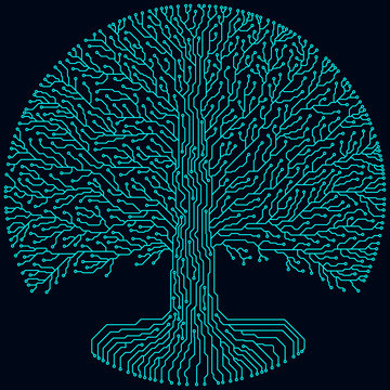 Hi-tech circuit style round yggdrasil tree. Cyberpunk futuristic design.