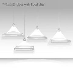 Shelves on a Wall. Illustration Sketch of interior Shelves on Wall with Spotlights.