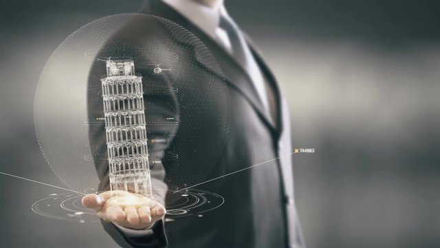 Businessman holding in Hand Landmark Leaning Tower of Pisa New technologies