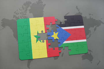 puzzle with the national flag of senegal and south sudan on a world map