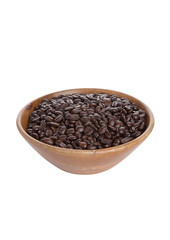 Wooden bowl of brown coffee beans