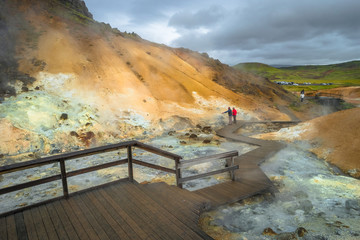 Geothermal area with hot springs on Iceland, summer