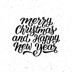 Merry Christmas and Happy New Year calligraphic text on white textured background. Vector illustration for Xmas with season greetings.
