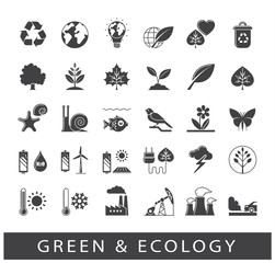 Fototapeta premium Set of ecology icons. Bio alternative for pollution, prevention of global warming. Green power, nature, preservation, care, social consciousness. Vector illustration.