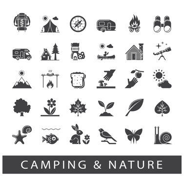 Set of camping and nature icons. Spending time in nature. Picnic, hiking in the wild. Collection of outdoor icons. Vector illustration.