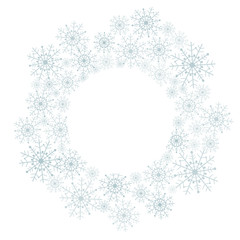 Blue round winter christmas frame from snowflakes on the isolated white background.