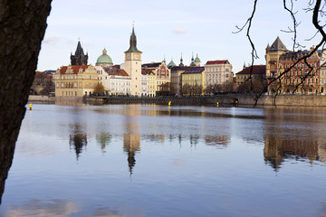 Fototapeta na wymiar Winter Old Town of Prague above River Vltava, Czech Republic 