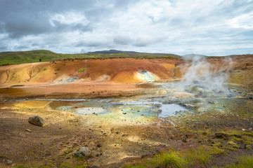 Geothermal area with hot springs on Iceland, summer