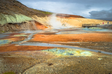 Geothermal area with hot springs on Iceland, summer