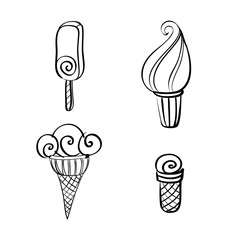 Set of ice cream icons in doodle style. Vector illustration