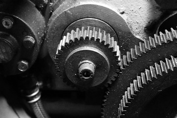 Gear of Obsolete Lathe. Black-and-white photo.