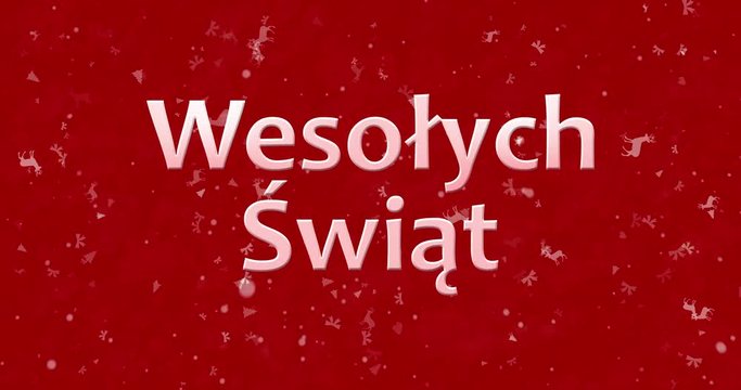 Merry Christmas text in Polish "Wesolych Swiat" formed from dust and turns to dust horizontally on red animated background
