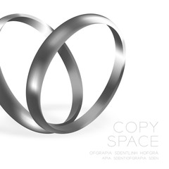 Wedding rings platinum silver half round style compose heart shape design illustration 3d set and shadow isolated on white background, with copy space, vector eps10