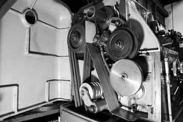 Gear of Obsolete Lathe. Black-and-white photo.