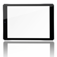 Tablet computer with blank screen and reflection isolated on white background. 3D illustration.