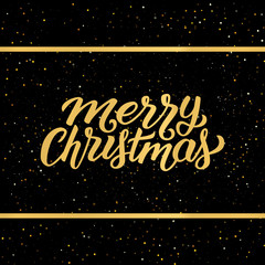 Obraz na płótnie Canvas Merry Christmas phrase in frame with gold confetti on black background. Vector illustration for Xmas with season greetings.