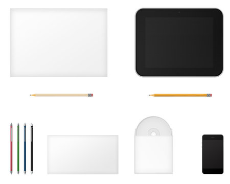 Office supplies for designers presentations and portfolios isolated on white background. Above view. 3D illustration.