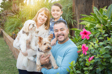 Happy Mixed Race Family Portrait Outdoors with Their Dogs.