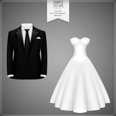 Black groom suits and white bridal gown