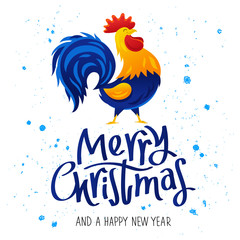 Merry Christmas and Happy New Year and drawing of rooster