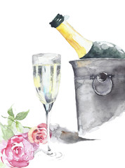 Bottle of champagne in the ice bucket with crystal glass and roses handmade watercolor painting isolated on white