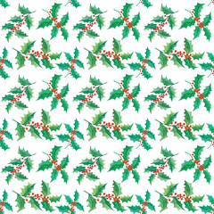 Watercolor christmas holly branches seamless pattern