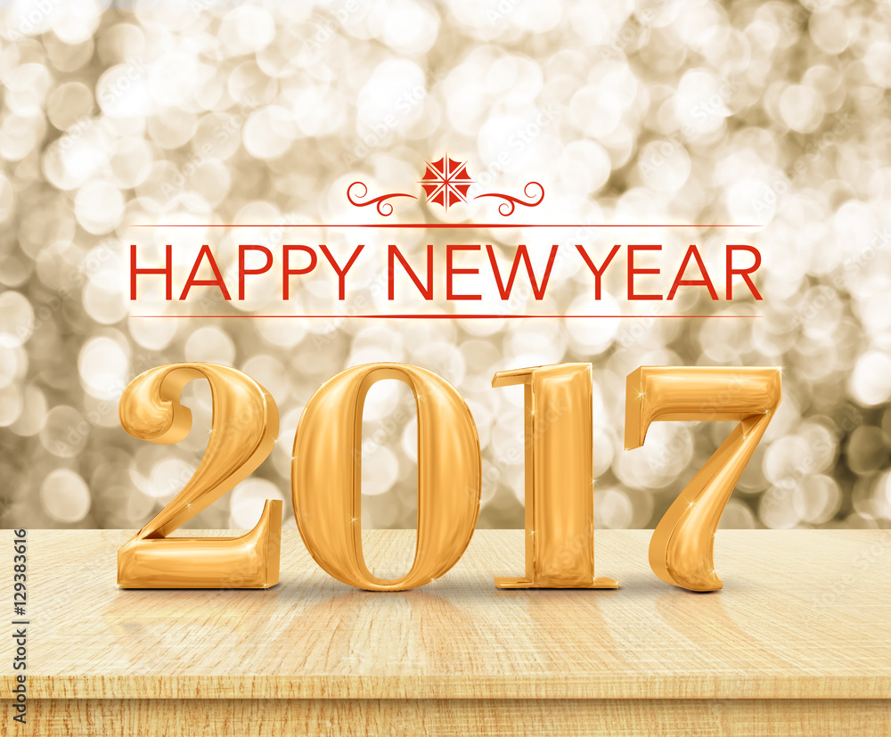 Aufkleber red color happy new year 2017 (3d rendering) on wood table top w